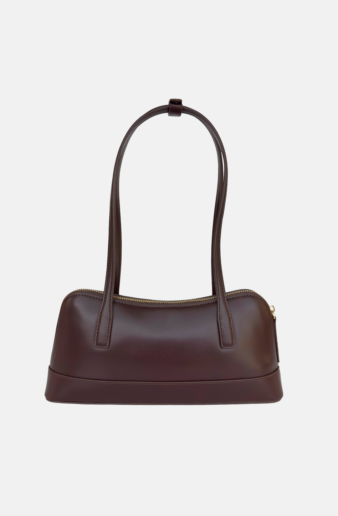 brown handbag east west style shoulder bag with long straps and minimal hardware