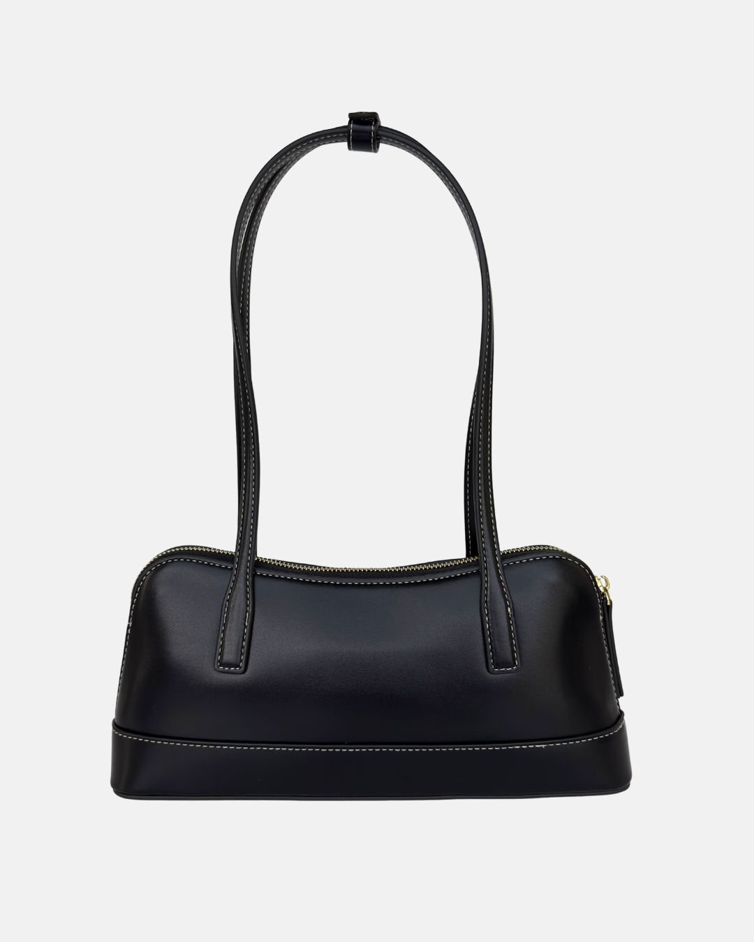 black handbag east west style shoulder bag with long straps and minimal hardware