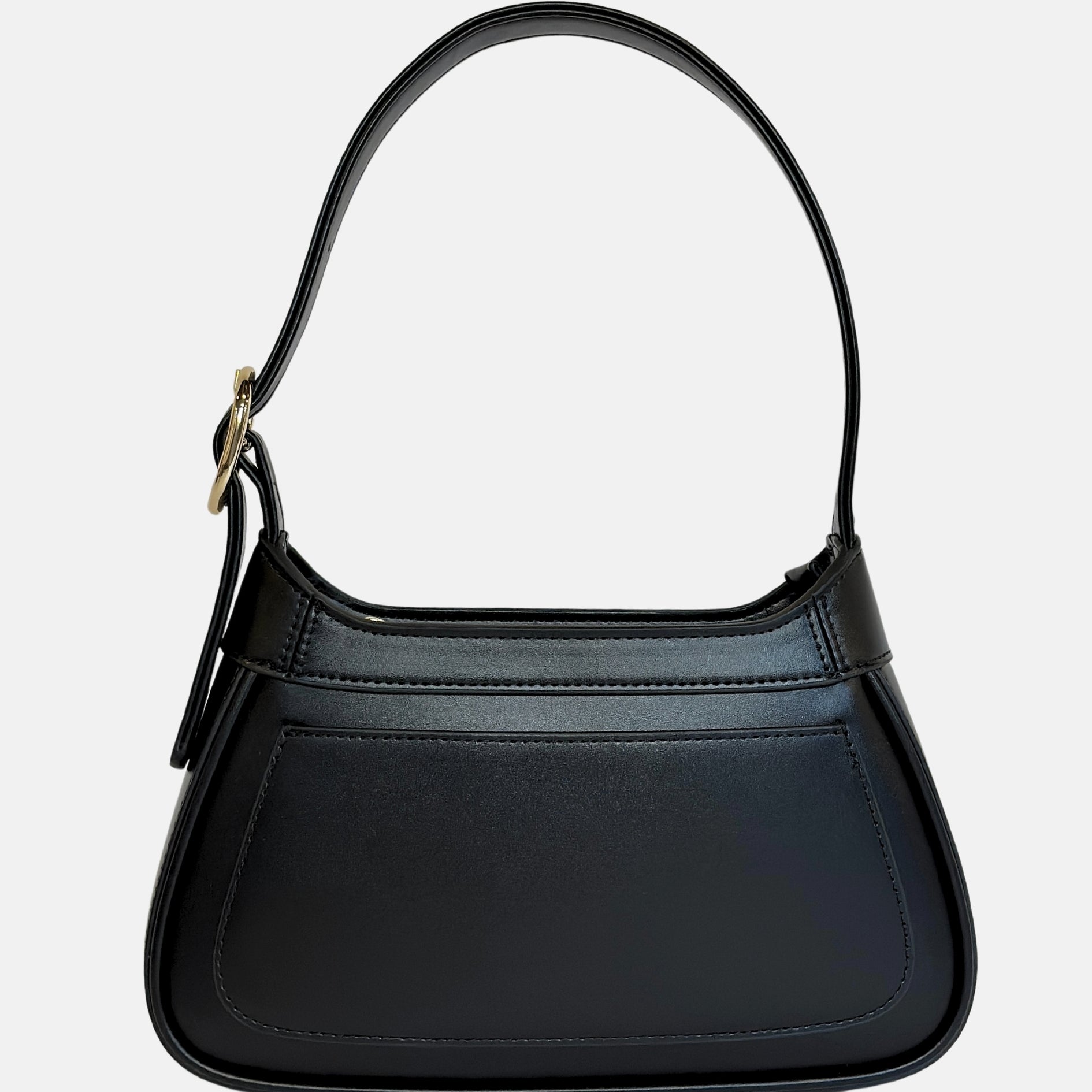 minimal black shoulder bag with gold buckle detail, styled for a wedding guest outfit