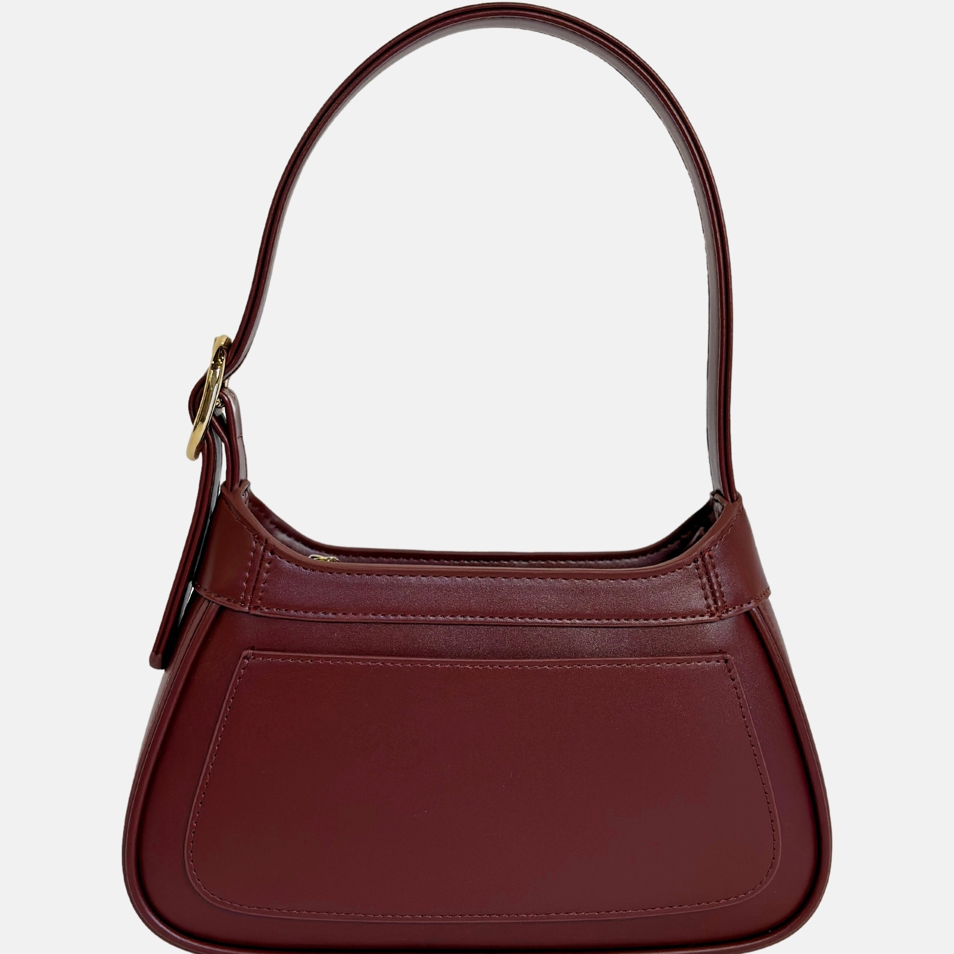 cherry red bag. red sophie bag. cabernet sophie bag. dark red shoulder bag. deep red shoulder bag with gold buckle detail, a refined everyday essential