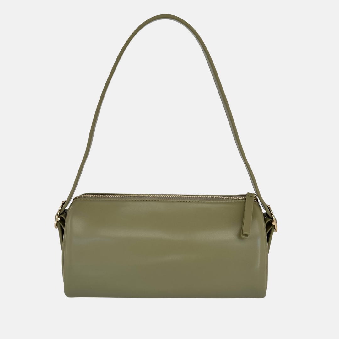 Light green handbag with a adjustable strap and gold buckle