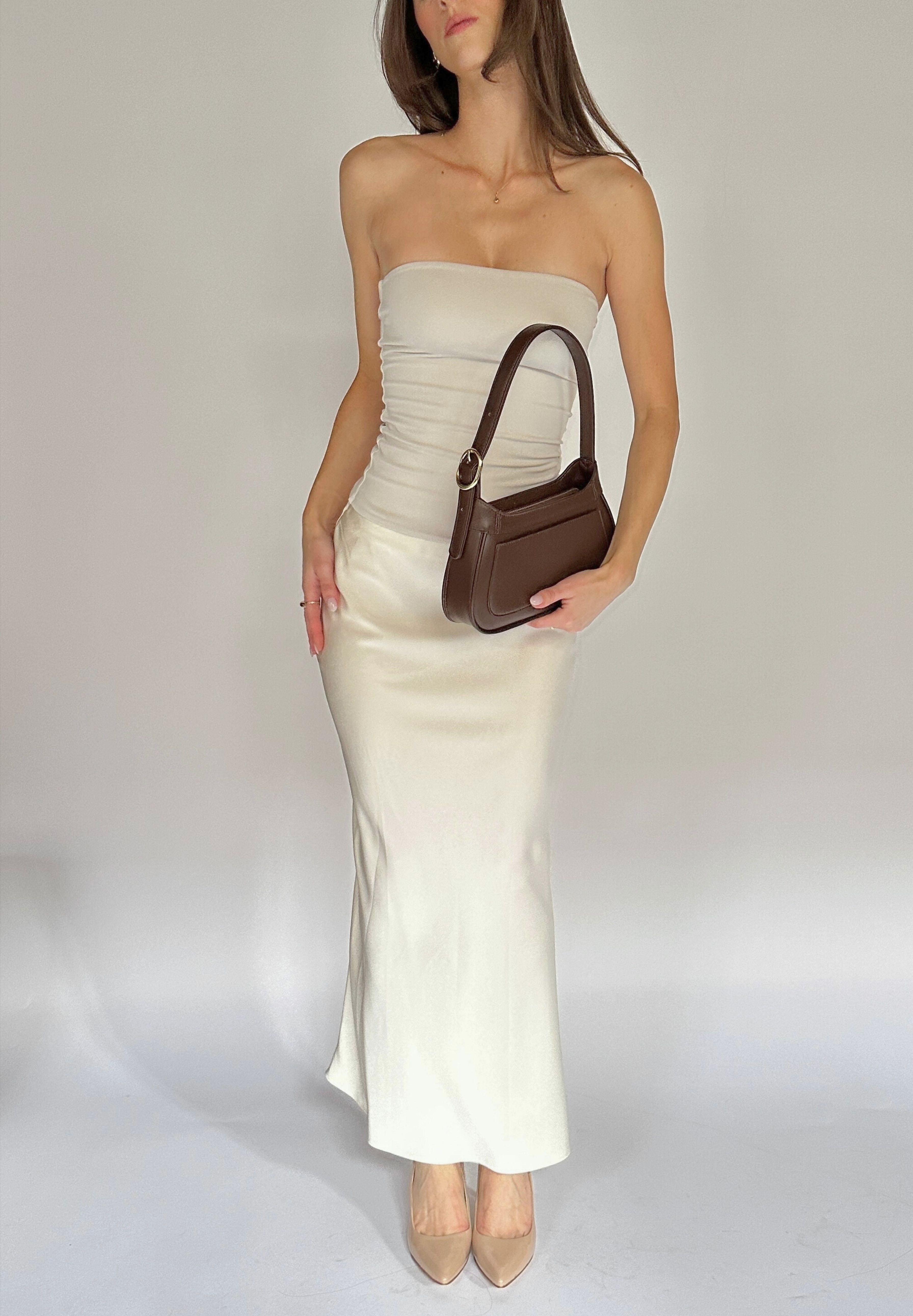 dark brown shoulder bag styled for a refined, everyday outfit