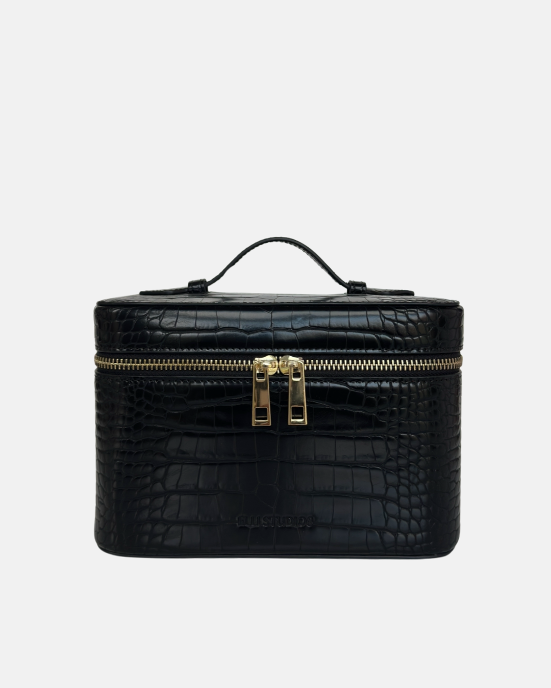 Mini black croc vanity case with structured shape for makeup and everyday essentials