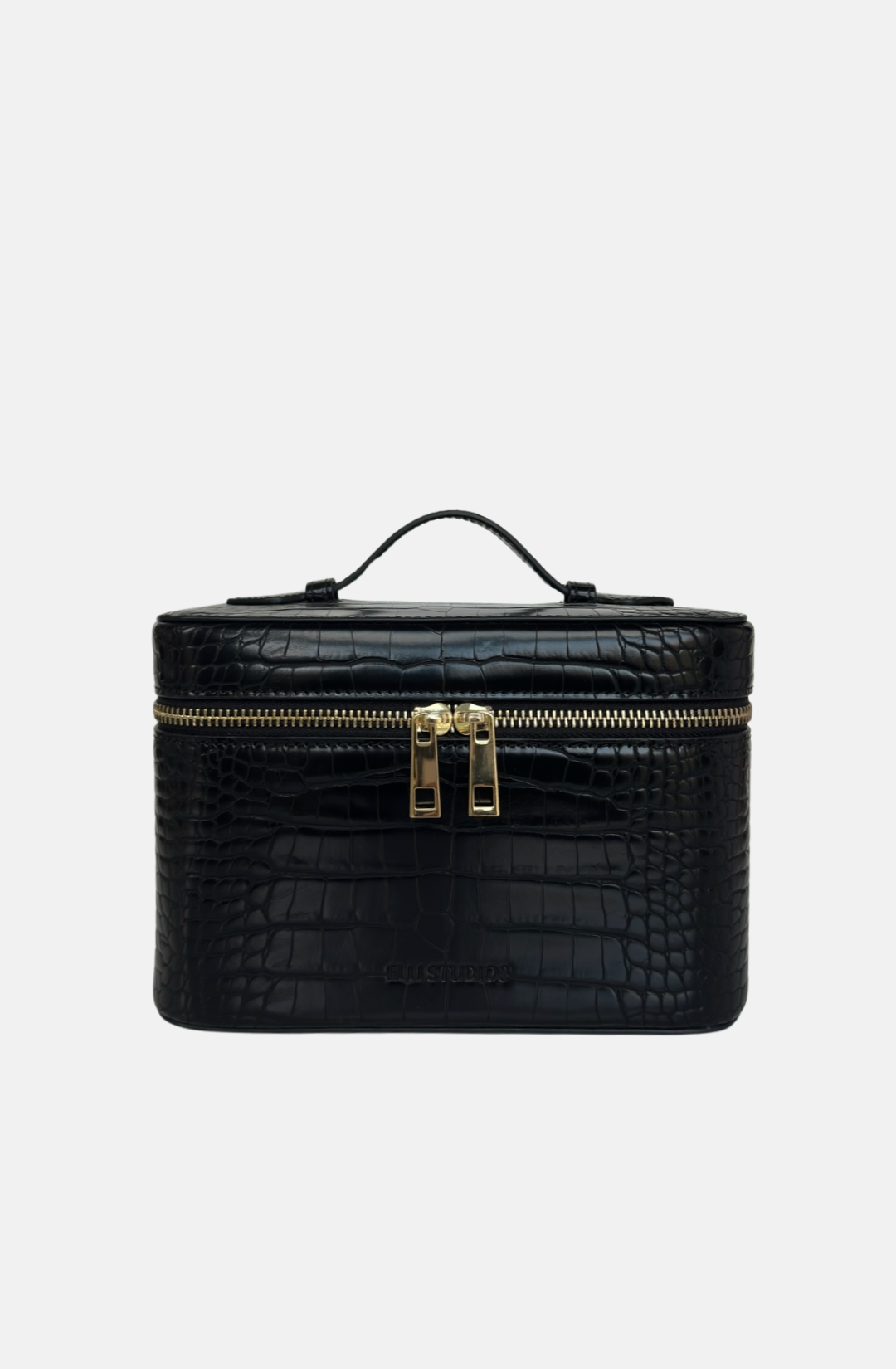 Mini black croc vanity case with structured shape for makeup and everyday essentials