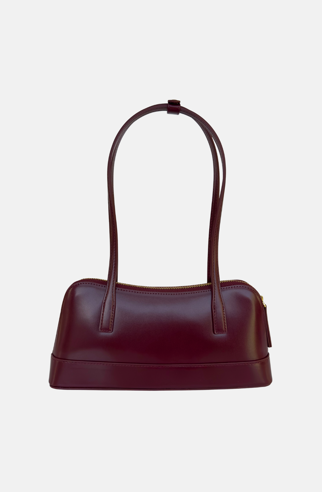 dark red handbag east west style shoulder bag with long straps and minimal hardware