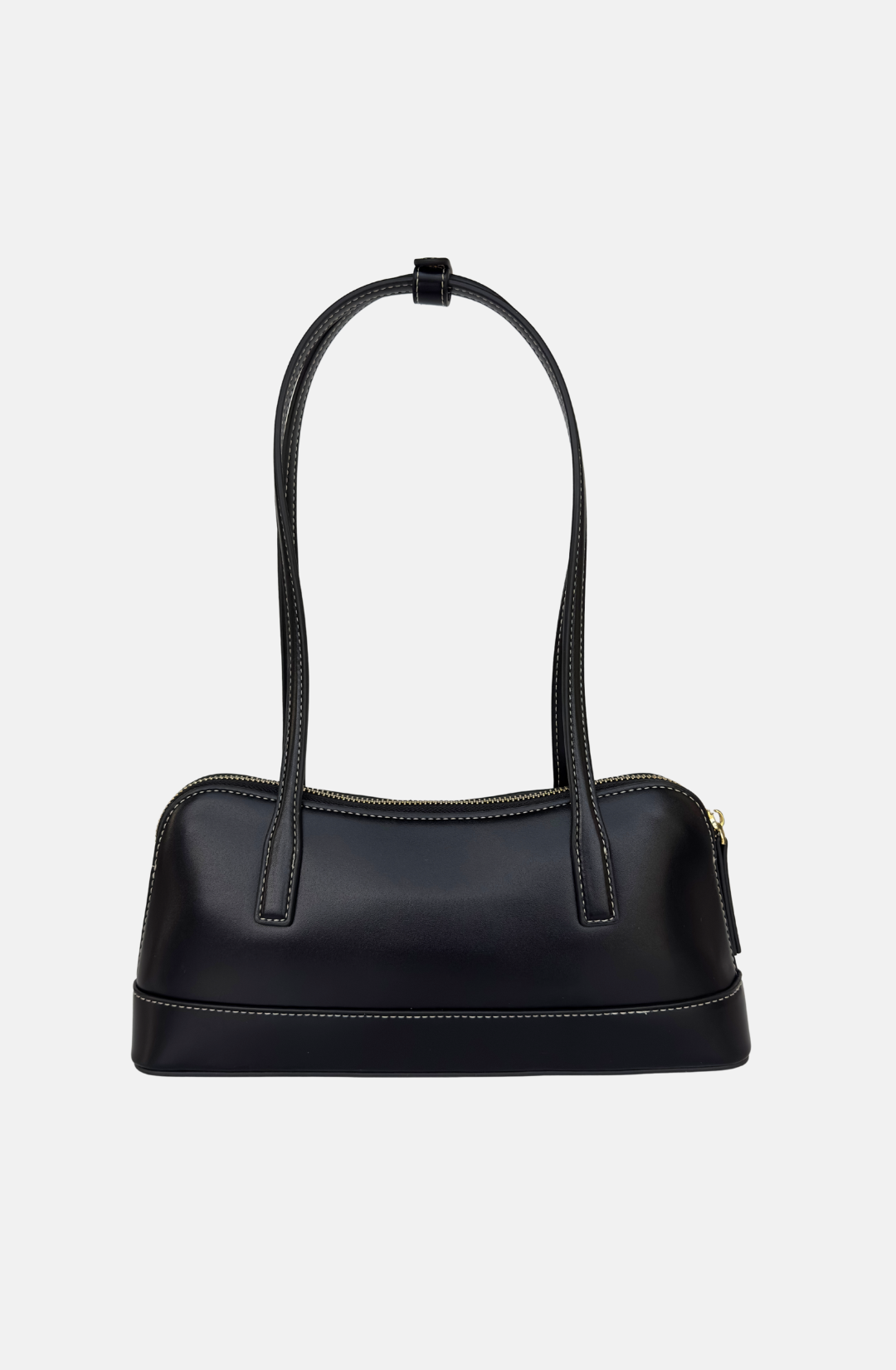 black handbag east west style shoulder bag with long straps and minimal hardware 